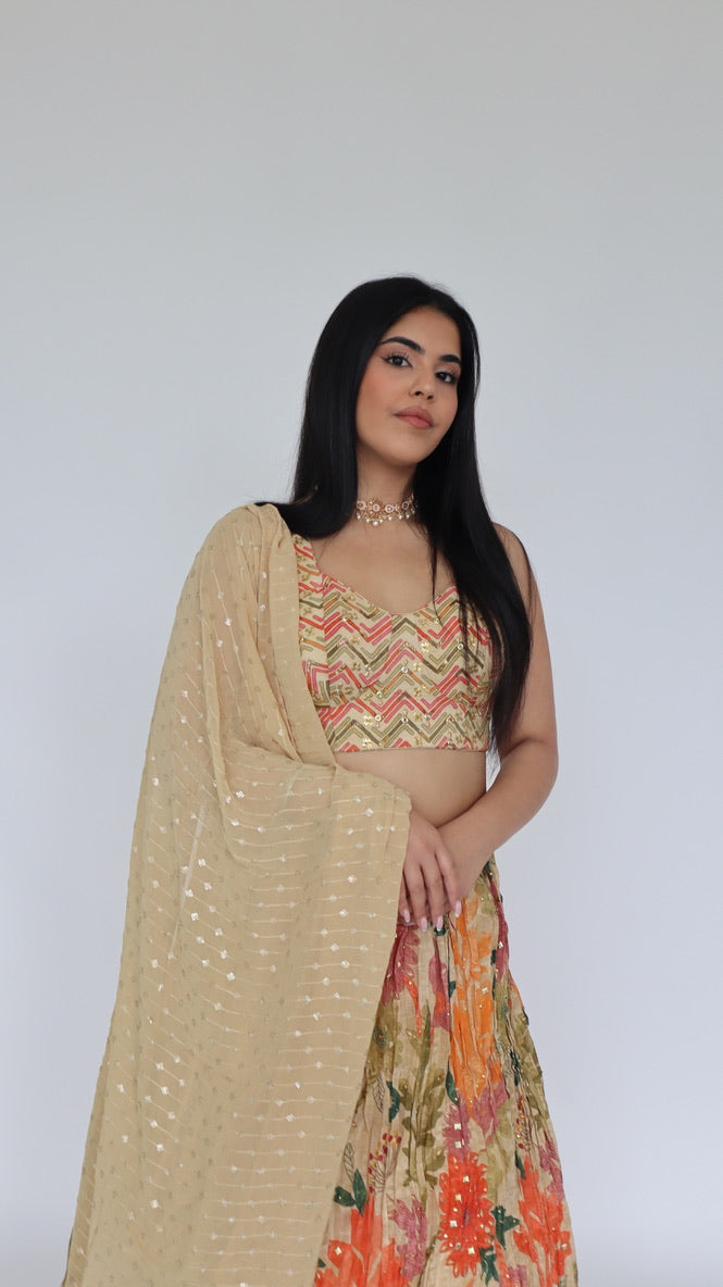Cream Multicoloured Floral Lengha
