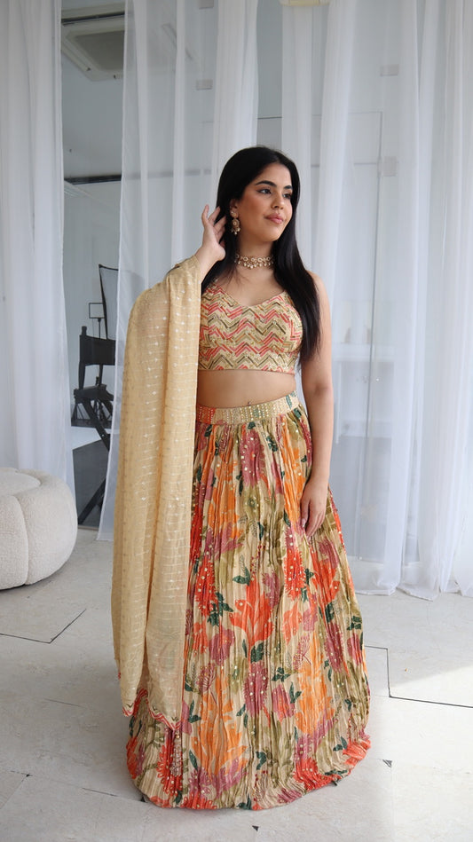 Cream Multicoloured Floral Lengha