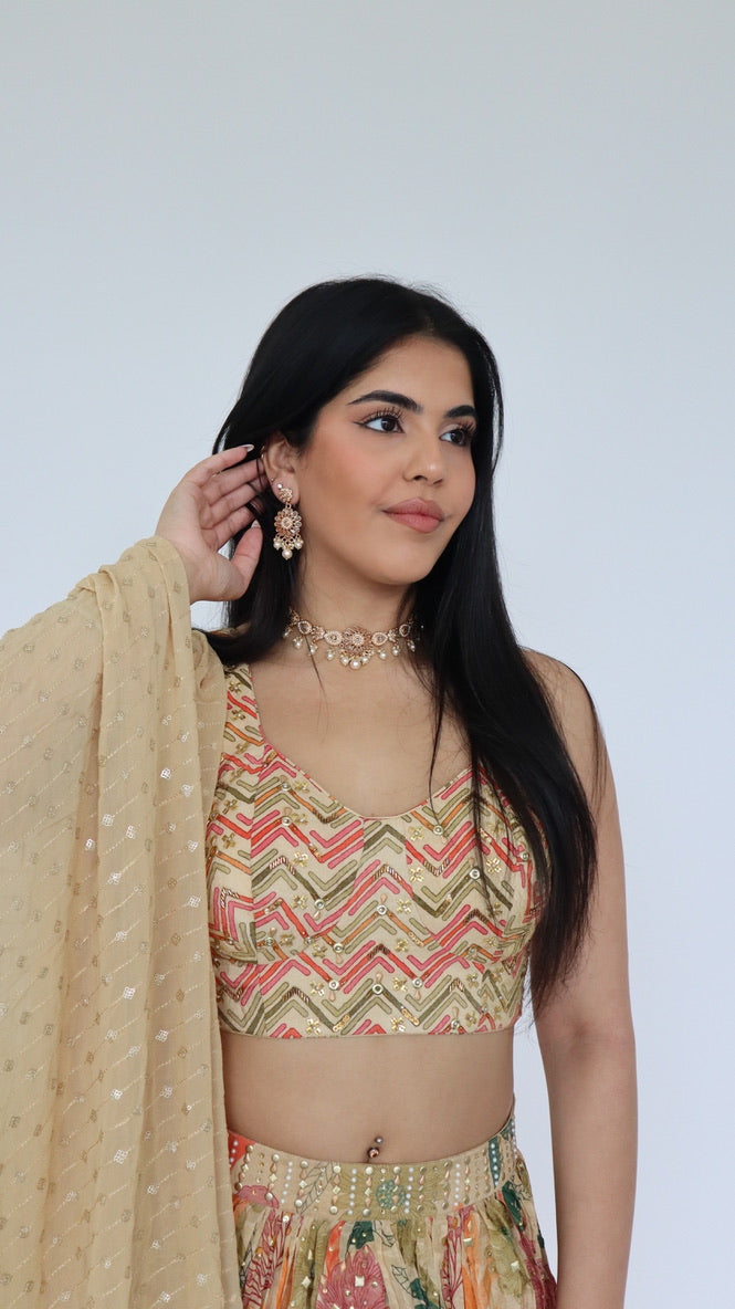 Cream Multicoloured Floral Lengha