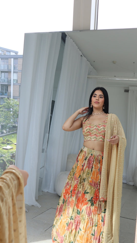 Cream Multicoloured Floral Lengha