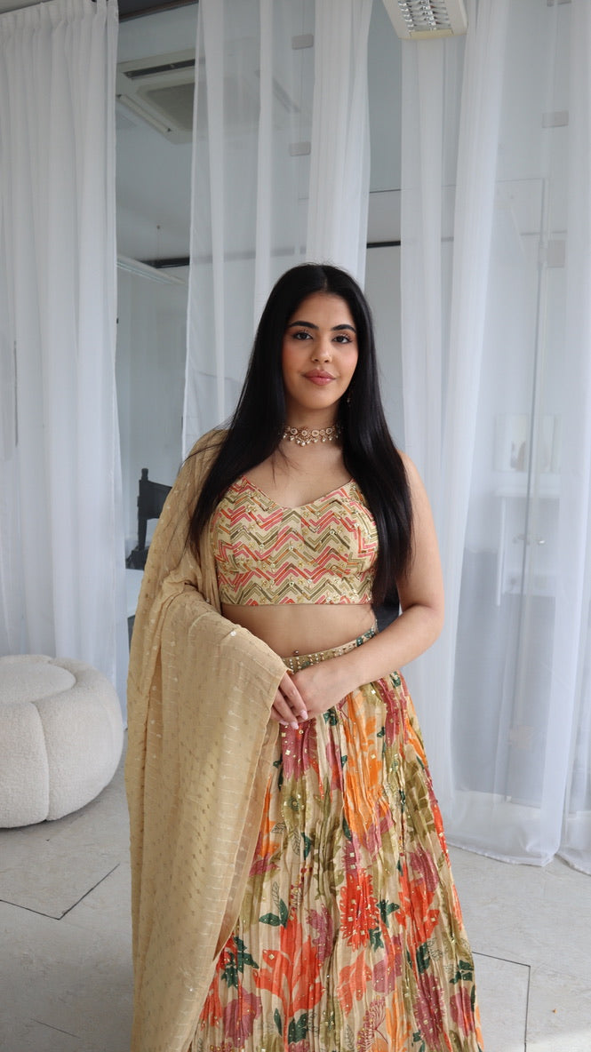 Cream Multicoloured Floral Lengha