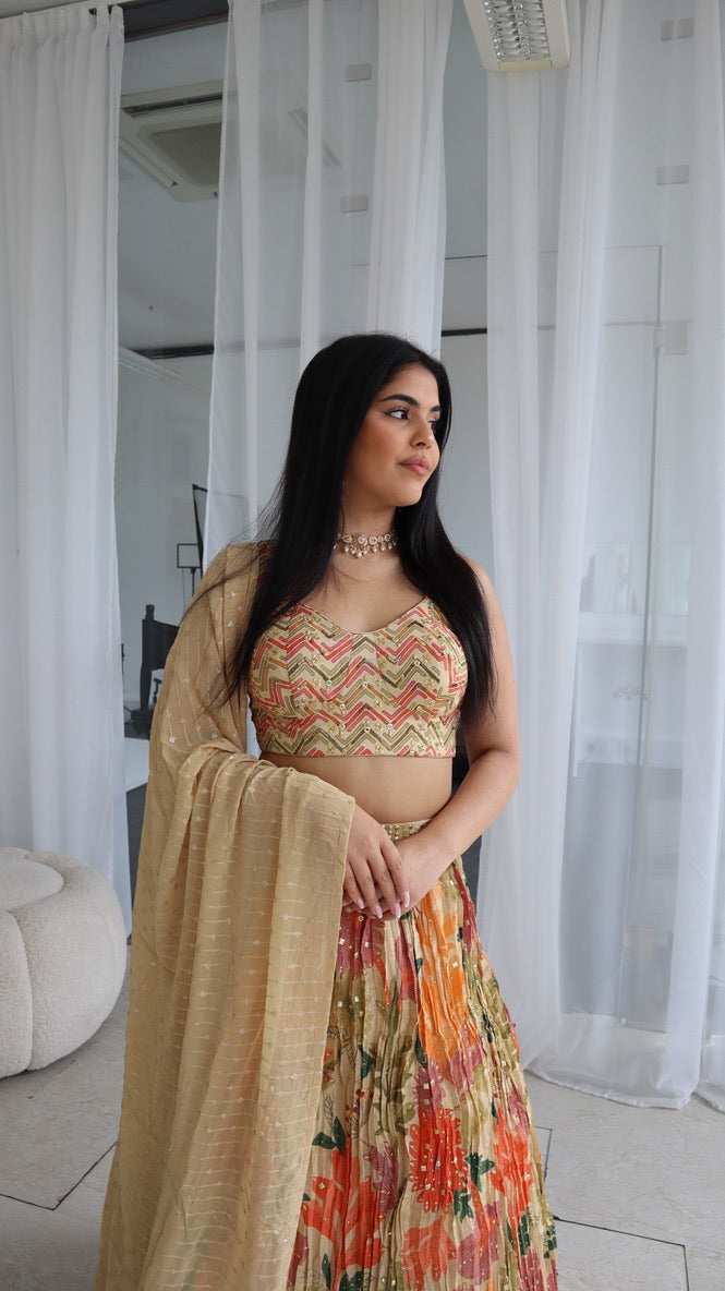 Cream Multicoloured Floral Lengha